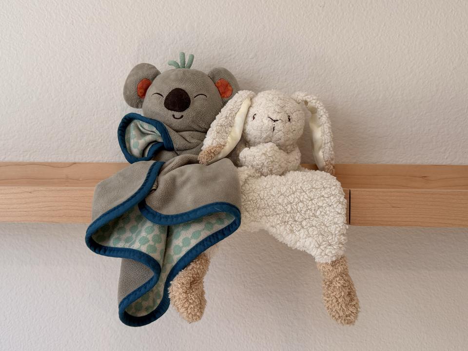Coco the koala and BunBun the bunny, the kids' loveys, side by side on a wooden shelf